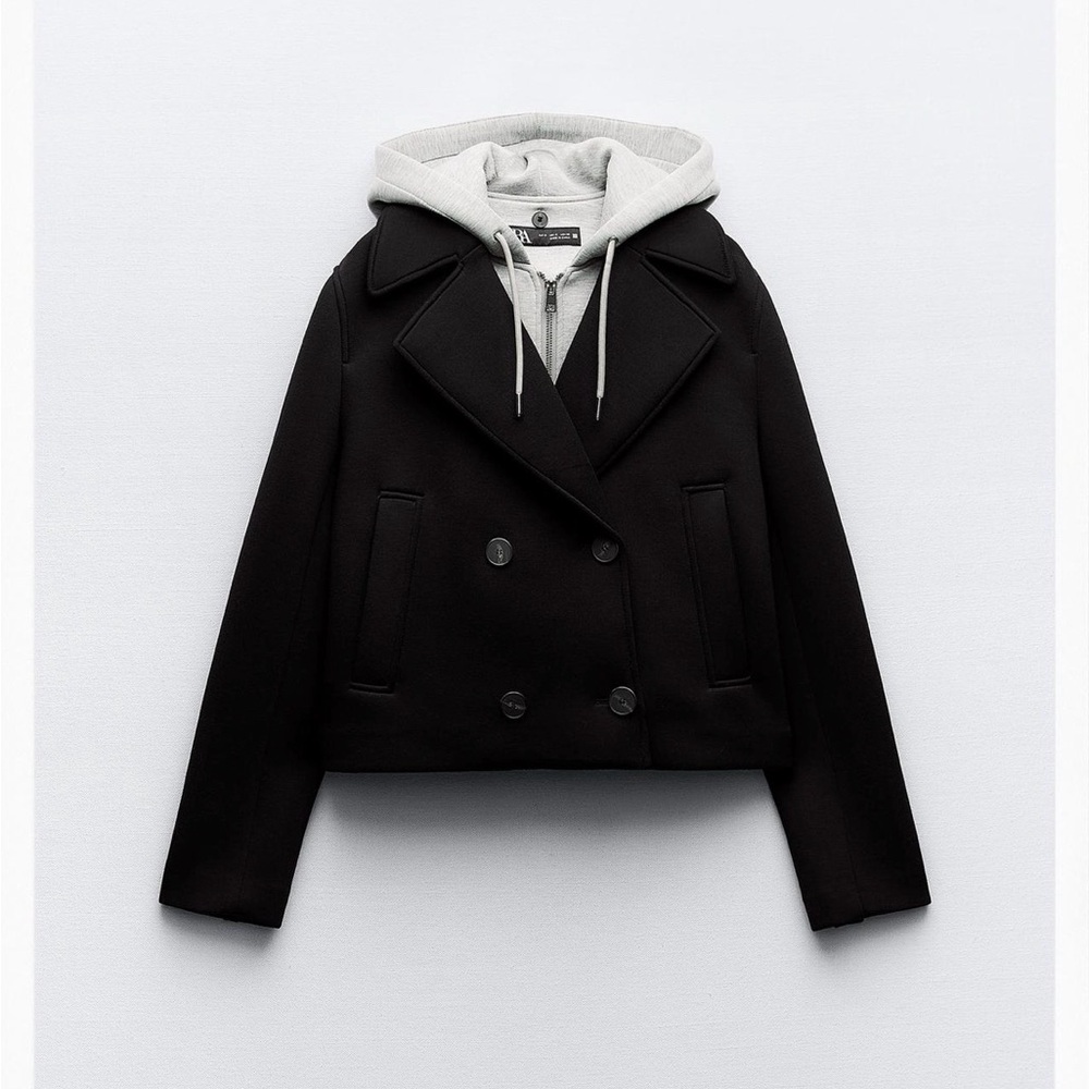 Zara Black Double-Breasted Jacket with Built-in Hoodie